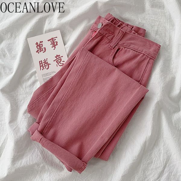 

oceanlove pants women high waist solid denim pants 2020 autumn zipper straight fashion ropa mujer red trousers vintage 17586, Black;white
