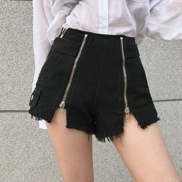

women's jeans 2021 spring medium high waist double zippers open fork burdock denim shorts fashion sexy, Blue