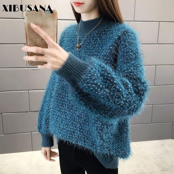 

xibusana 2020 autumn vintage half turtleneck sweater loose solid color lazy style long sleeve knit bottoming shirt furry, White;black