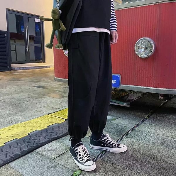 

korean men ankle banded pants male tide brand function tactic paratrooper overalls youth leisure fashion casual trousers joggers, Black