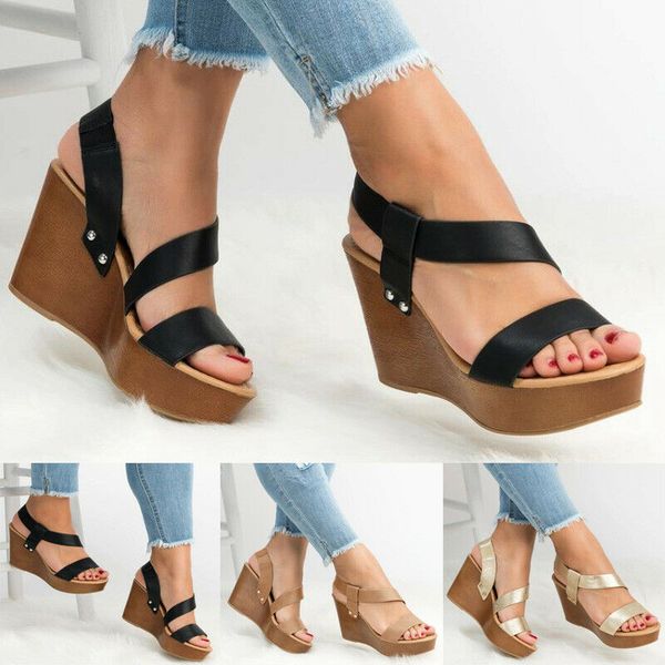 

women sandals ankle strap wedges heel slingback sandals platform ladies summer pu casual shoes -opk, Black