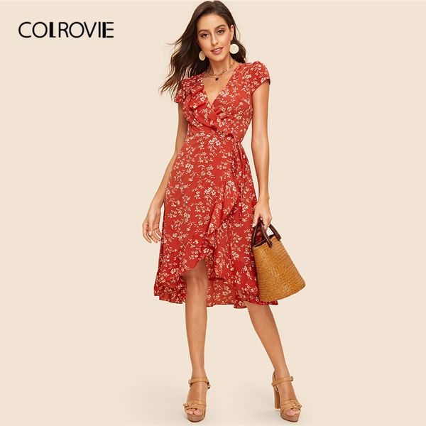 

colrovie rust floral print ruffle trim wrap dress women 2020 summer deep v neck ladies boho fit and flare high waist midi dress, Black;gray