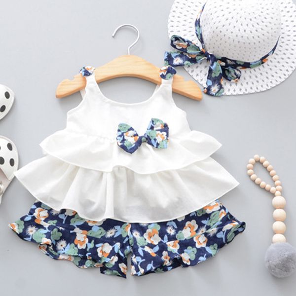 

baby girl одежда set 2019 summer new рукавов цветочные шорты костюм + вс hat bebe kid одежда y200803, White