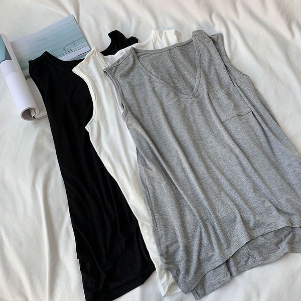 

korean casual all-match loose lazy solid color pocket sleeveless v-neck women's outer coat vest vest wear large size slimming, White