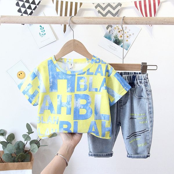 

q6deq fashion summer new boys' clothing handsome letters full print short-sleeved t-shirt jeans wear children's children's ca