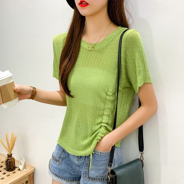 

summer women's wear new korean style all-match solid color round neck t-shirt knitted short-sleeved t-shirt clothes ins fashion, White