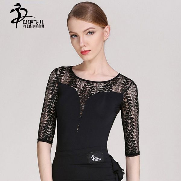 

женщины латинского танец трико три четверти рукав латинской сальса танец стандартные костюмы трико кружевной ткань танго одежды, Black;red