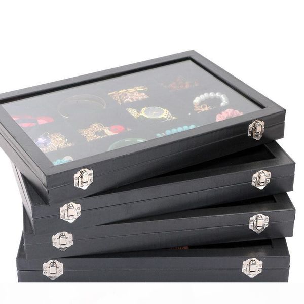 

large grade glass lid jewelry box necklaces rings earrings bracelets tray storage box jewelry holder, Black