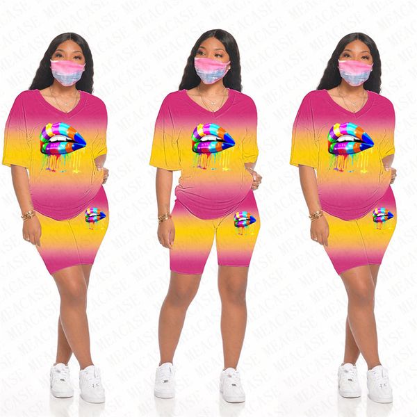 

women tracksuit designer lips gradient color printing v-neck short sleeves t shirt shorts two pieces outfits casual sports suit d71601, Gray