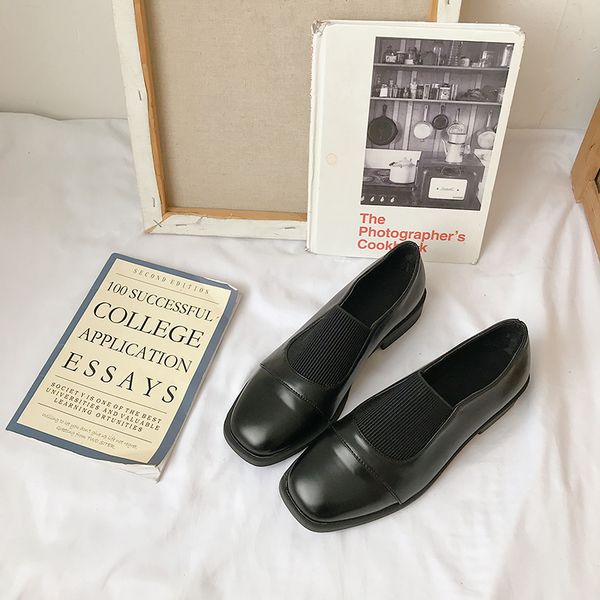 

black square toe shoes woman elastic band flats comfy casual sewing oxfords female british loafers brief brand korean 2020