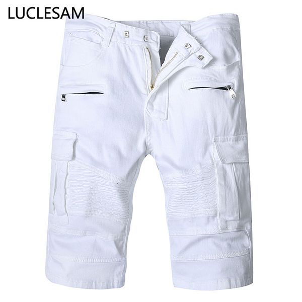 Mens branco denim shorts 2020 designer multi bolso carga calças curtas macho casual slim streetwear cor sólida biker jeans calções calções