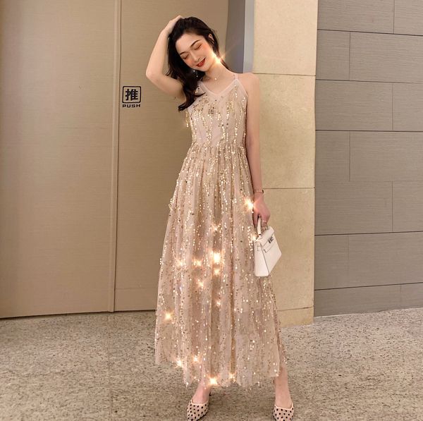 

junfi internet celebrity same style 2020 suspender suspender skirt sling sling skirt summer mid-length slip strap dress v-neck sequins mesh, Black;gray