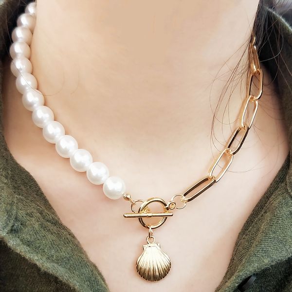 

2020 punk imitation pearl choker necklace personality shell alloy scallop pendant necklaces for women gift jewelry wholesale, Silver