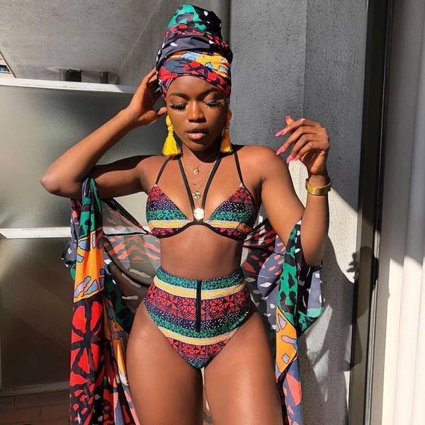 

bandage bikini 2020 tribal print swimsuit high waist swimwear swim bathing suit for women striped african style bikini maillot, White;black