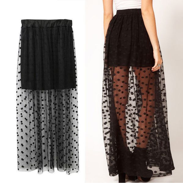 

2020 new women mesh dot skirts summer high waist two fake piece skirts see through black maxi tulle lace long skirts one