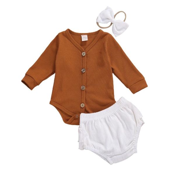 

clothing sets 0-24m born baby boys girls autumn spring v-neck long sleeve romper pp shorts headband 3pcs set solid outfits, White