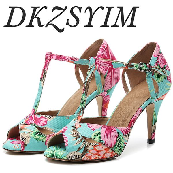 

ballroom latin dance satin green printed tango ladies fish mouth exposed toes salsa shoes women t200730, Black