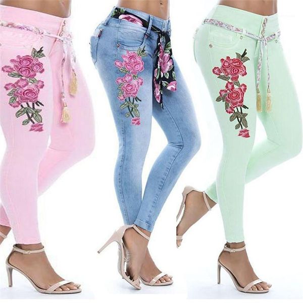 

designer plus size 5xl jeans solid color mid waist floral embroidery pencil pants fashion female clothing womens, Blue