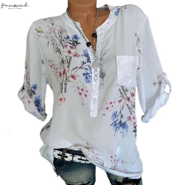 

women plus size loose blouse floral print v neck blouse pullover shirt womens and blouses camisas mujer women blusas, White