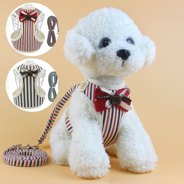 

Bowknot Stripes Dog Harnesses Leashes Set Breathable Harnesses collar Pet Dog Coat Leashes Fashion Dog Clothes Drop Ship