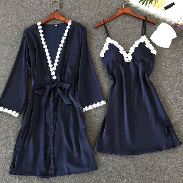 

wedding robe suit women 2pcs lace trim bride bridesmaid bathrobe set casual v-neck long sleeve kimono bath gown negligee, Black;red