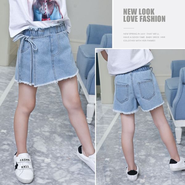 

girls' short 2019 summer children's hip denim skirt fake two-piece skirt elastic denim, Blue