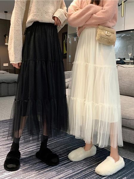 

2020 popular spring super fairy skirt show thin high waist mesh skirt woman chiffon fluffy, Black