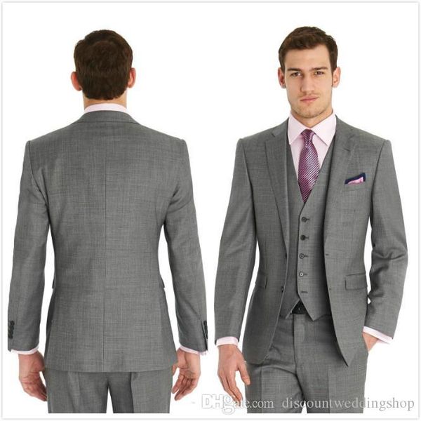 Alta Qualidade Light Gray Man Work Negócios Wedding Suit Partido Noivo Smoking Mens Prom Dress (Jacket + Calças + Vest + Tie) J355