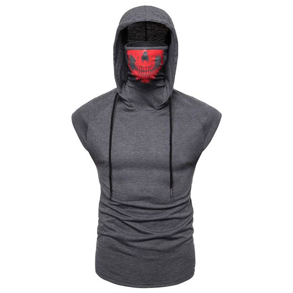 

men's summer hoodies with print mask black gray elasticity thin coat sleeveless moto biker style cool sweatshirt men hoodie