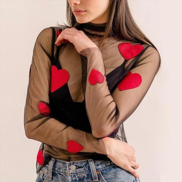 

womens long sleeve love heart t shirt see transparent mesh ladies streetwear turtleneck square neck t shirts tee beach .xl, White