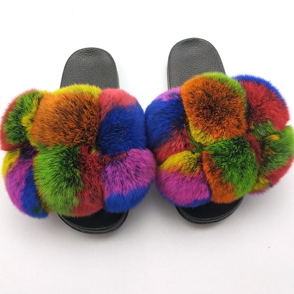 

women furry slippers house summer fluffy slippers women real fur sandals ladies luxury female fur shoes pompon indoor, Black