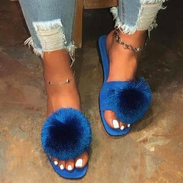 

women fashion fur slides ladies slippers summer flip flops casual fur plush shoes, Black