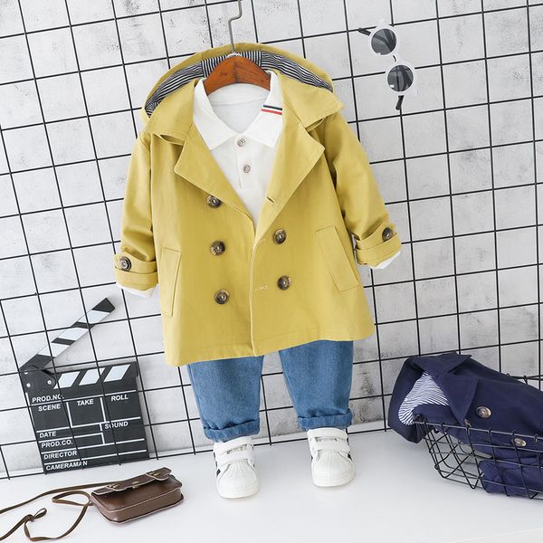 

spring baby boy outfit kids long sleeve white tshirt+hooded trench coat+jeans three piece newborn set cotton casual toddler suit