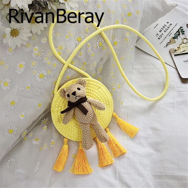 

contrast color cute bear appliques tassel circular bags for women new milk cotton weave shoulder crossbody bag mini coin purse