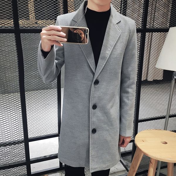 

autumn korean men's fashionable men's youth single-breasted slim mid-length trench windbreaker coat coat coat, Tan;black