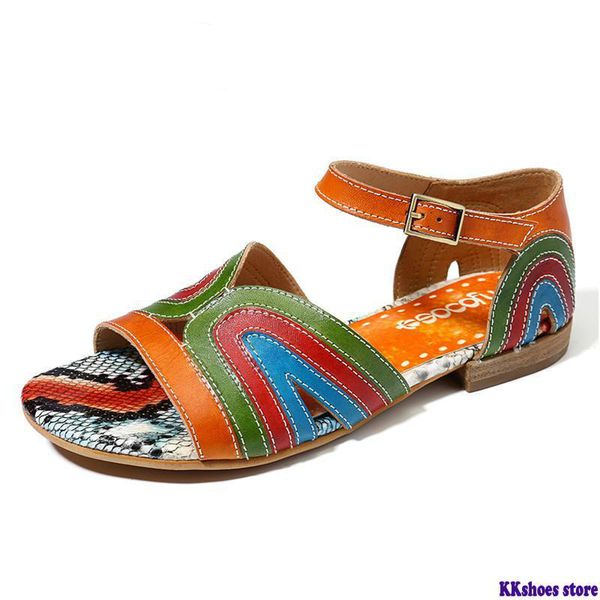 

retro genuine leather splicing colorful band buckle strap adjustable hook loop sandals elegant shoes for ladies woman, Black