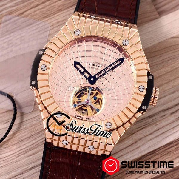 

new big automatic mens watch 18k rose gold case tourbillon gold texture dial brown leather rubber strap new swisstime hubg04b2, Slivery;brown