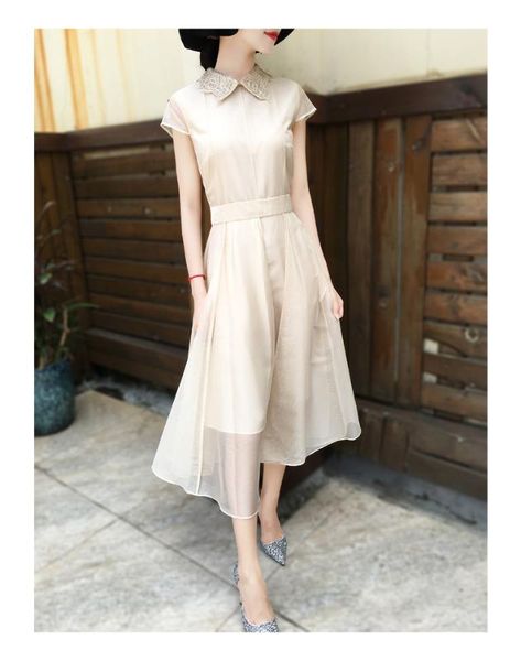 

xz700394 2020 summer new style goddess fan temperament is thin mid-length short-sleeved doll collar net gauze dress female, Black;gray