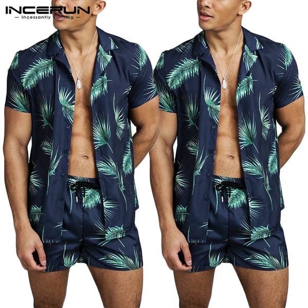 

incerun mens printed sets short sleeve lapel shirts casual shorts fashion comfortable mens summer hawaiian suits hombre 2 pieces, Gray