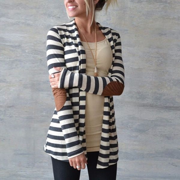 

blackday new fashion autumn outerwear women long sleeve striped printed cardigan casual elbow patchwork knitted sweater plus size, White;black