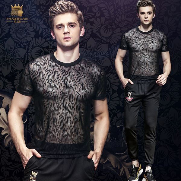 

fanzhuan 2018 male men's perspective hollow t-shirt summer personality thin black lace jacquard night club 815133, White;black