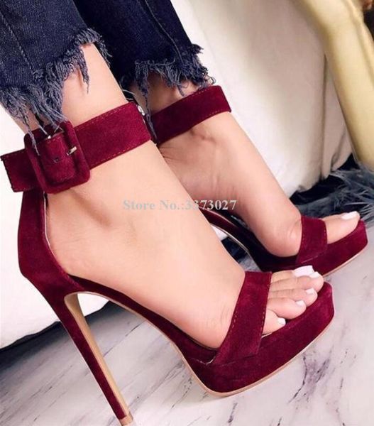 

lady wine red buckle strap platform sandals women new concise style stiletto heel sandals shoes fashion party high heels shoes, Black