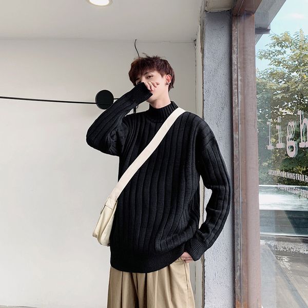 

men's turtleneck half cotton pullover autumn winter warm comfortable spacious solid long sleeve clothes knitted casual sweaters, White;black