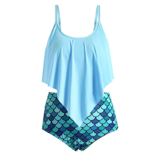 

2020 new summer women ruffle swimsuit fish scale print high waist plus size split swimsuit june14 bikini cuadros, White;black