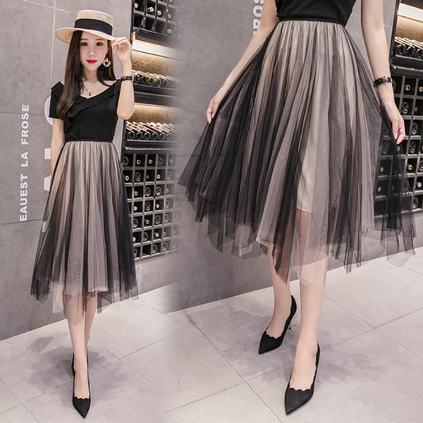 

tingyili pink black mesh skirts womens summer asymmetrical tulle skirt long
