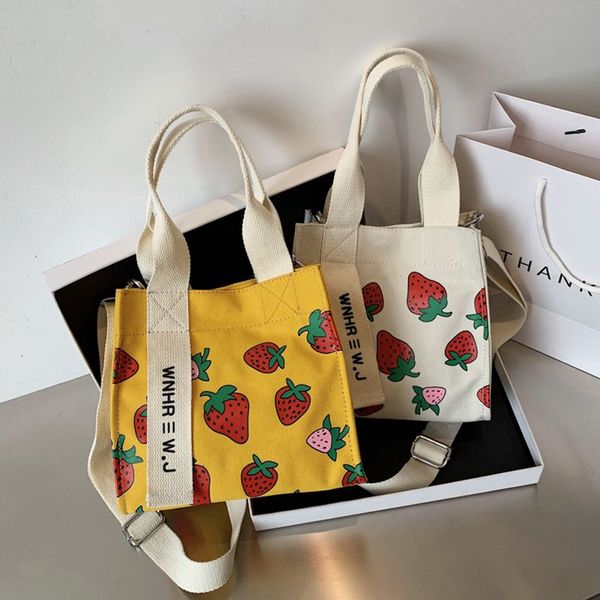 

summer strawberry printed canvas large capacity bag 2020 new fashion women's bag shoulder messenger tote lunch box