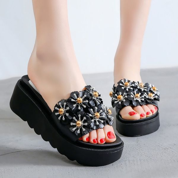 

flowers slippers summer flip flops slippers womans platform women 2020 shoes slide sandals wedge heel thick beach slipper, Black
