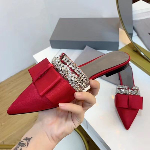 

jeweled rhinestone flat slippers women pointed toe luxury satin butterfly-knot slim outwear mules chic 2020 shoes woman cs04, Black