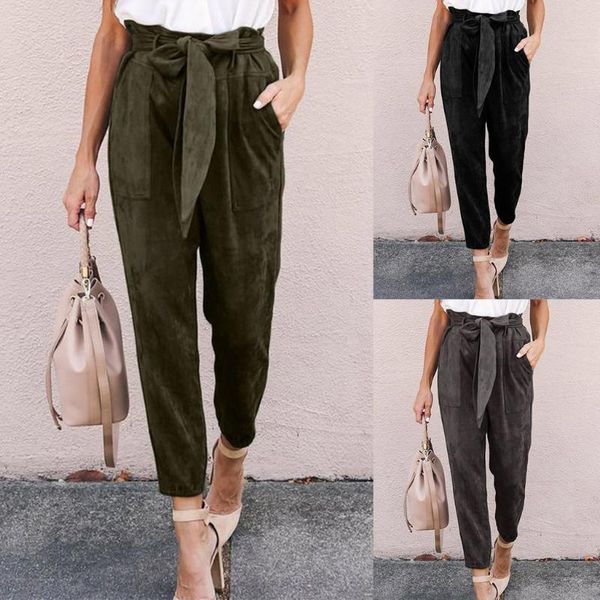 

40# women's pants trouser slim casual cropped paperbag waist pants with pockets polyester spring summer plus size loose, Black;white