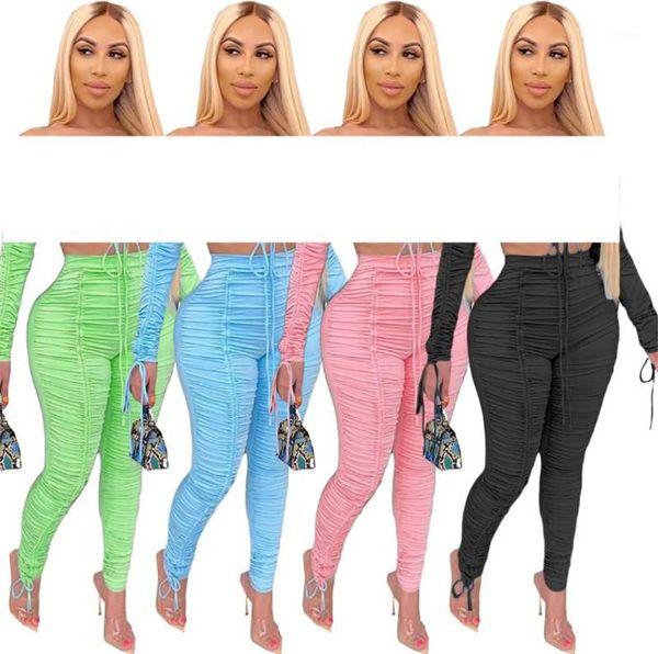 

color women stacked pants casual high waist stretchy ruched skinny sweatpants 20ss new women clothing solid, Black;white